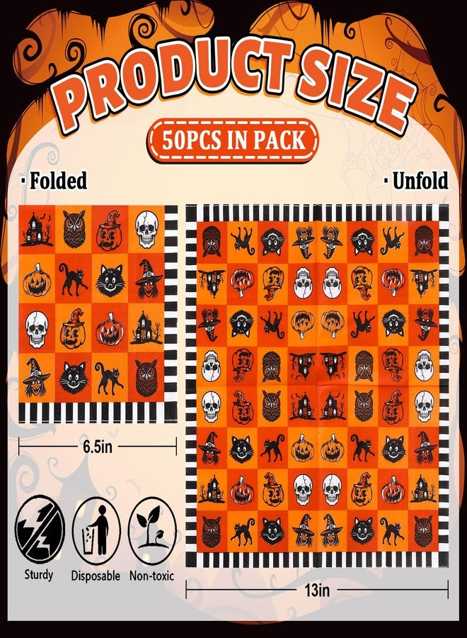 Whaline Halloween Paper Napkins Vintage Luncheon Napkin Orange Black Cat Disposable Dessert Dinner Hand Napkin for Home Kitchen Restaurant Party Supplies, 50 Pcs - Image 2